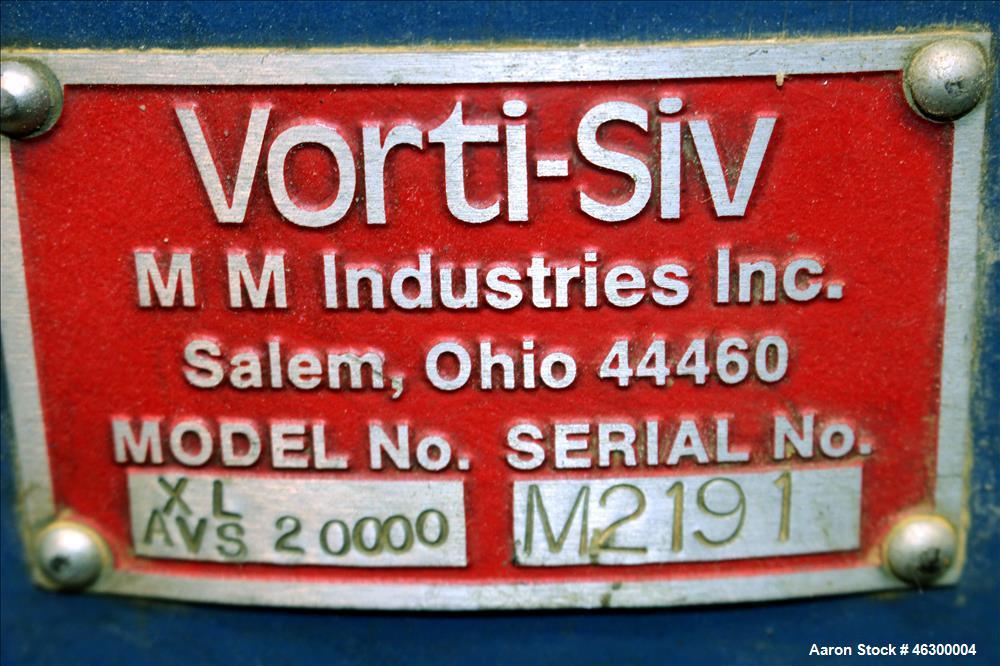 Used Vorti-Siv Vibratory Sieving Machine, Model XL AVS20000, 304 Stainless Steel. Approximately 22" diameter. Single deck, pass thru design. Driven by 2 hp, 3/60/208-230/460 volt, 1725 rpm motor. 3-1...