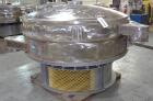 Used Sweco Screener, Model US72108, 316 Stainless Steel. 72” Diameter, single deck, 2 separation, with top cover. Driven by a 5hp, 3/60/230/460 volt, 1200 rpm motor. Mounted on a carbon steel base. M...