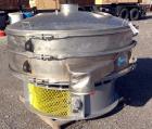 Used Sweco Screener, Model US72108, 316 Stainless Steel. 72” Diameter, single deck, 2 separation, with top cover. Driven by a 5hp, 3/60/230/460 volt, 1200 rpm motor. Mounted on a carbon steel base. M...