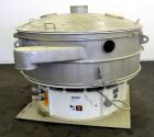 Used Sweco Screener, Model XS72S101412AVTLWC, 304 Stainless Steel. 72” Diameter, single deck, 2 separation, with top cover. Driven by a 5 hp, 3/60/460 volt, 1160 rpm motor. Mounted on a carbon steel ...