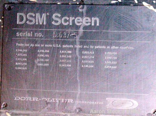 USED: Dorr Oliver 120 deg DSM screener, 316 stainless steel. (1) Vertical screen 21-1/2" wide x 60" long set at approximate 120 deg angle. 4" top feed with (4) nozzles. 6" fines and a 6" overs bottom...