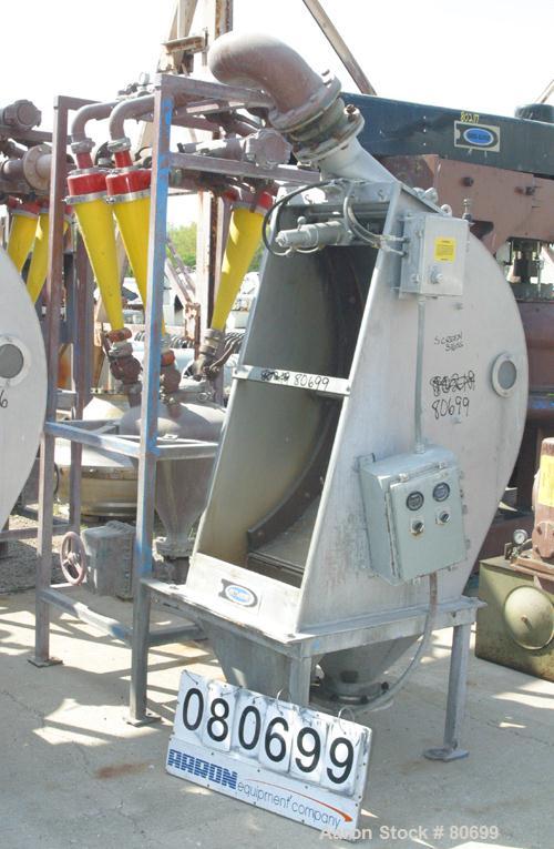 Used Dorr Oliver DSM Screener, Model 120, 316 Stainless Steel. (1) Vertical screen 21-1/2" wide set at approximate 120 deg angle. Top feed with pressure nozzle, (2) 8" bottom outlets. Approximately 5...