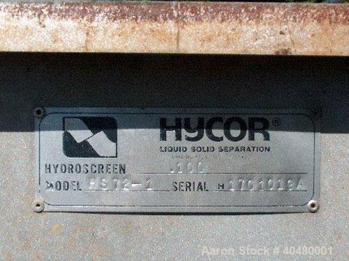 Used Hycor Separator, model HS72-1. Screen size 4 x 6, 7' high x 6' wide; side dimensions 7 x 5. Pipe sizes in rear 14" on bottom, 10" above bottom pipe, 3" on side in rear, 6" hole through sides at ...