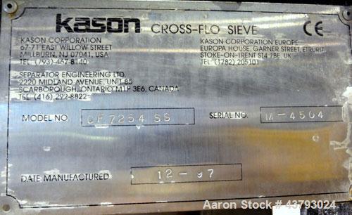 Used Kason Cross-Flo-Sieve, Model CF7254SS, Stainless Steel. Designed to separate pellets and fines larger than 0.02” (0.5mm) from recycled pellet water at a rate of 2000 gallons per minute.
