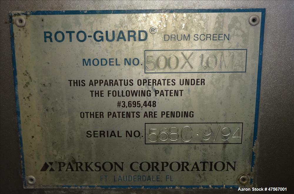 Used Parkson Corporation Roto-Guard Rotary Drum Screener, Model 500 X 1.0M, 304 Stainless Steel. (1) Approximate 12" diameter x 20" long horizontal drum, driven by a 0.24hp, 3/60/230/460 volt, 1700 r...