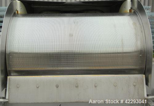 Used Sani-Matic Rotary Drum Strainer, Model ERDS 25 X 36, 304 Stainless Steel. 25’’ Diameter x 36’’ wide rotary wedge wire drum. Flow rate 200 gallons per minute. Driven by a 1-1/2 hp, 3/60/208-230/4...