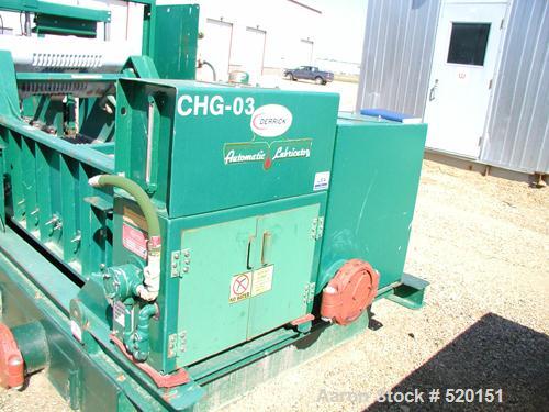 USED: Derrick High G screen, model 2M48-120F-4A. 7 hp, 480 volt 3 phase. Approximately 5' wide x 12' long. Carbon steel construction. Year 1997. 4 deck unit. Screener designed for wet applications.