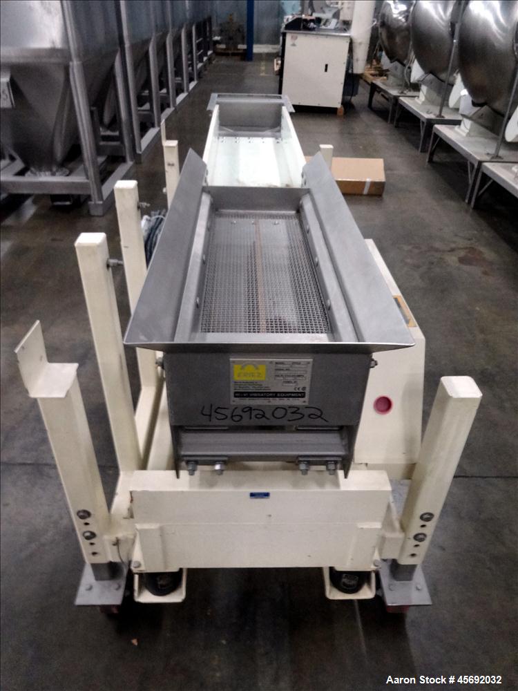 Used Eriez Model TMS12X96 HI-VI Vibratory Rectangular Screener. Screen size: 24" long x 9-1/2. 6" diameter out feed. 1-1/2 hp, 1725 rpm, 3/60/208-230/460, Baldor motor. Serial Number 11837. Built 200...