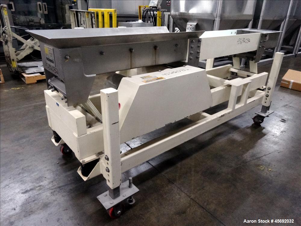 Used- Eriez Model TMS12X96 HI-VI Vibratory Rectangular Screener. Screen size: 24" long x 9-1/2. 6" diameter out feed. 1-1/2 ...