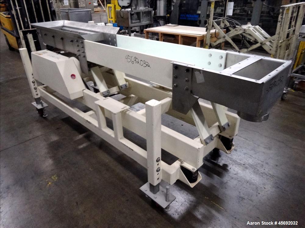 Used- Eriez Model TMS12X96 HI-VI Vibratory Rectangular Screener. Screen size: 24" long x 9-1/2. 6" diameter out feed. 1-1/2 ...