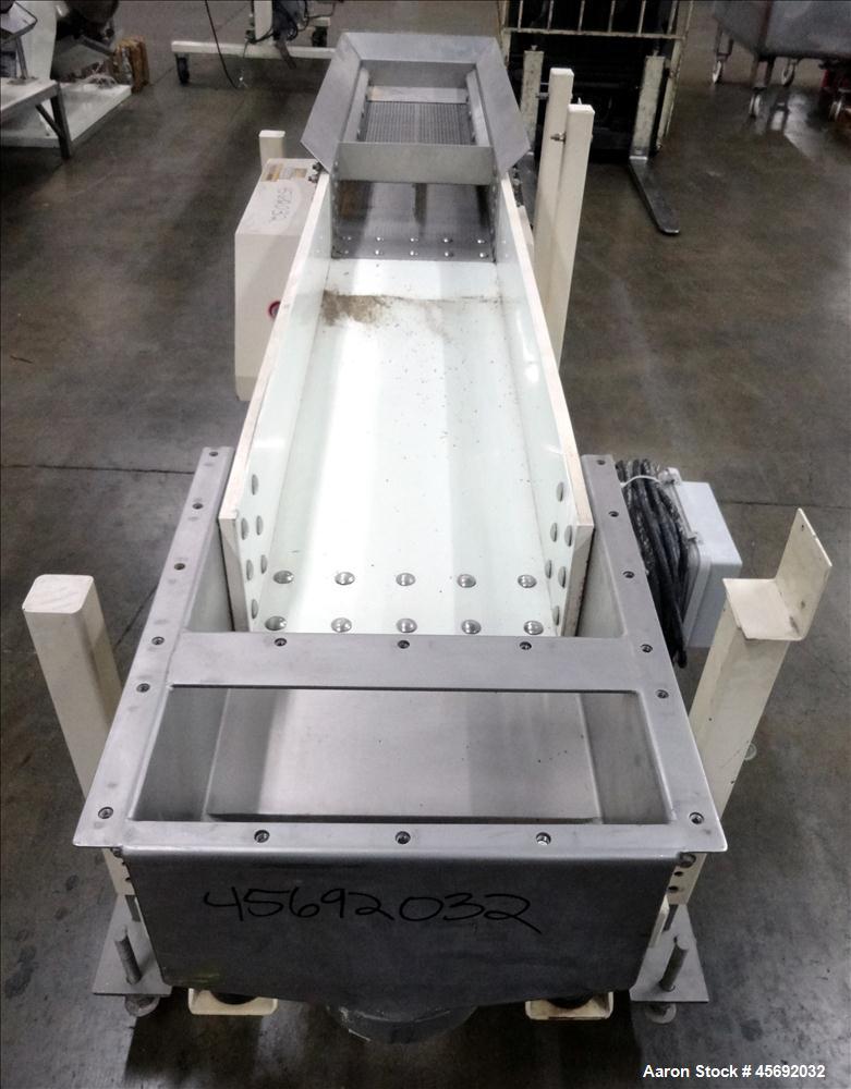 Used Eriez Model TMS12X96 HI-VI Vibratory Rectangular Screener. Screen size: 24" long x 9-1/2. 6" diameter out feed. 1-1/2 hp, 1725 rpm, 3/60/208-230/460, Baldor motor. Serial Number 11837. Built 200...