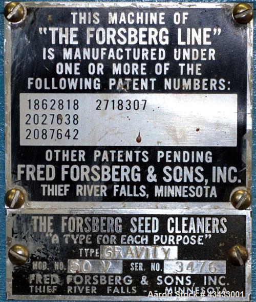 Used Forsberg Inc. Vacuum Gravity Separator, Model 50V. Carbon steel, and wood construction. 19 Square feet deck area. Driven by a 1/2 hp, 3/60/208-230/460 volt, 1725 rpm motor. Manual speed adjustme...