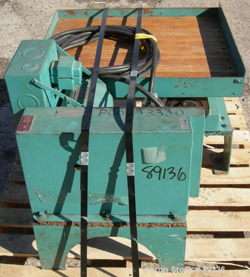 USED: Gaynes Engineering shaker table, model V100, carbon steel. 24" wide x 28" long wooden deck, approximate 100 pound capacity. Driven by a 1/2 hp, 3/60/208-220/440 volt, 1725 rpm motor.
