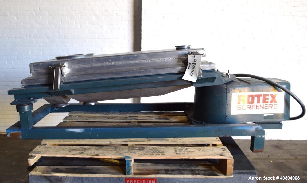Used Rotex Screener, Model 111A AL/SS, Stainless Steel. 21" Wide x 36" long single deck, 2 separation. Clamp down aluminum top cover, 2 bottom outlets. 5.3 Square feet screen area, 2" screen motion. ...