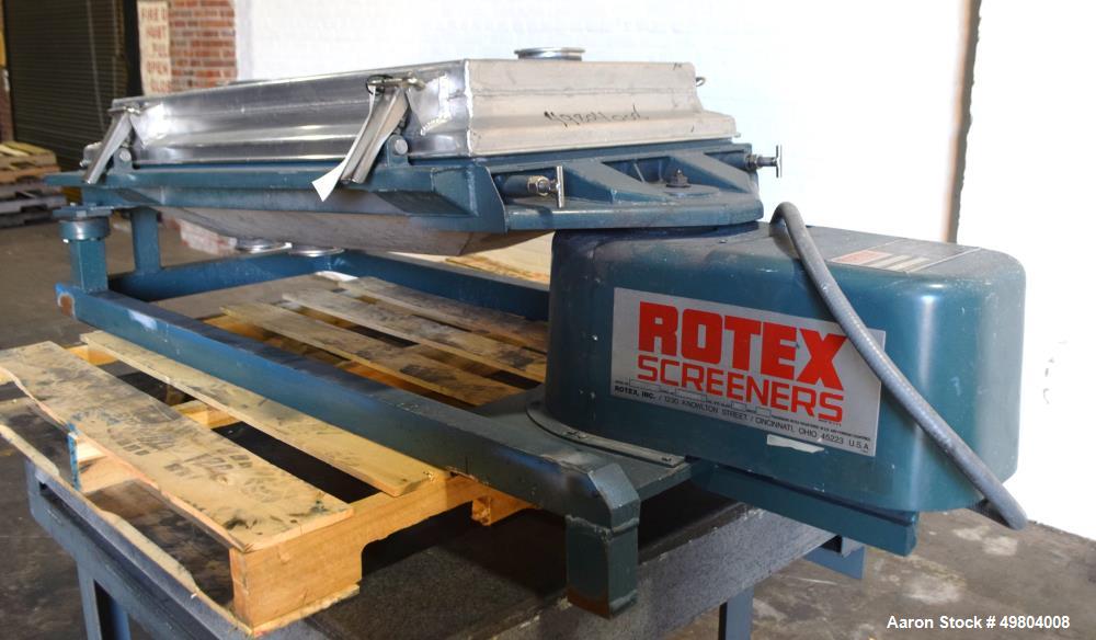 Used Rotex Screener, Model 111A AL/SS, Stainless Steel. 21" Wide x 36" long single deck, 2 separation. Clamp down aluminum top cover, 2 bottom outlets. 5.3 Square feet screen area, 2" screen motion. ...