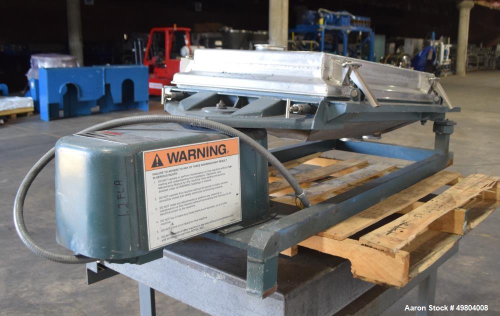 Used Rotex Screener, Model 111A AL/SS, Stainless Steel. 21" Wide x 36" long single deck, 2 separation. Clamp down aluminum top cover, 2 bottom outlets. 5.3 Square feet screen area, 2" screen motion. ...