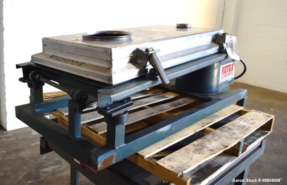 Used Rotex Screener, Model 111A AL/SS, Stainless Steel. 21" Wide x 36" long single deck, 2 separation. Clamp down aluminum top cover, 2 bottom outlets. 5.3 Square feet screen area, 2" screen motion. ...