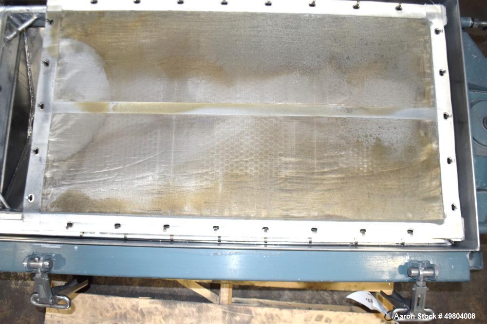 Used Rotex Screener, Model 111A AL/SS, Stainless Steel. 21" Wide x 36" long single deck, 2 separation. Clamp down aluminum top cover, 2 bottom outlets. 5.3 Square feet screen area, 2" screen motion. ...