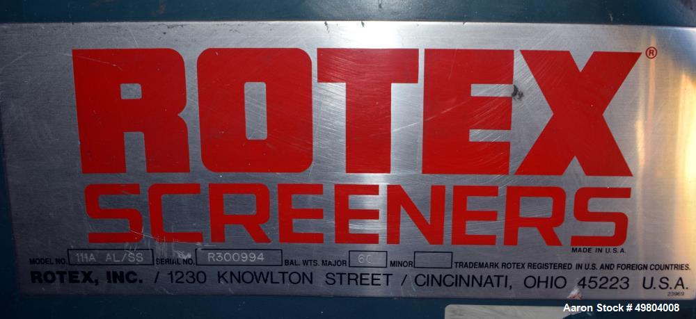 Used Rotex Screener, Model 111A AL/SS, Stainless Steel. 21" Wide x 36" long single deck, 2 separation. Clamp down aluminum top cover, 2 bottom outlets. 5.3 Square feet screen area, 2" screen motion. ...