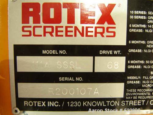 USED: 21" x 36" Rotex screener, model 111A-SSSL. Single deck, stainless steel cover, screen frames and pan. 14" x 8" inlet with10" inspection cap and cover. Fines outlet is 10" x 12" rectangularand o...