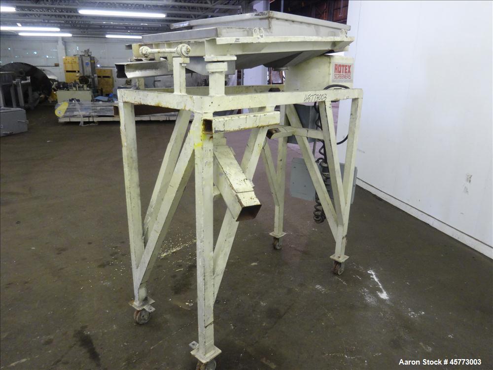 Used Rotex Screener, Model 111PS AL/SS. 316 Stainless Steel. Single deck, 2 separation. Approximate 21" x 36 screen section. Driven by a 1/2 hp, 230-460 volt, 1140 rpm motor. 4" x 2.5" side bottom ou...