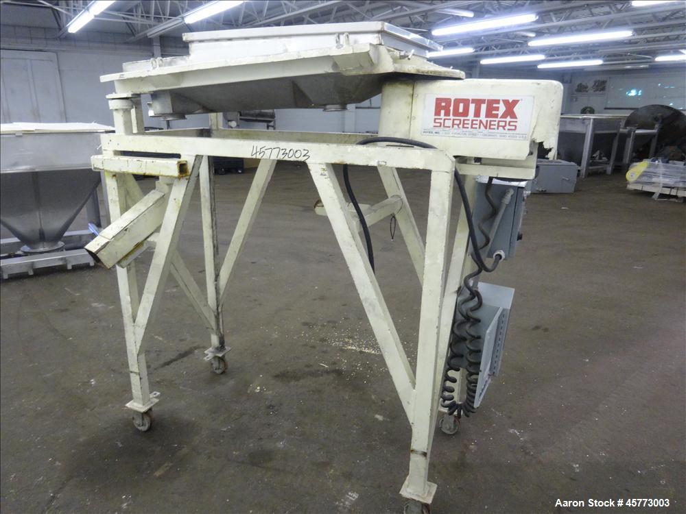Used Rotex Screener, Model 111PS AL/SS. 316 Stainless Steel. Single deck, 2 separation. Approximate 21" x 36 screen section. Driven by a 1/2 hp, 230-460 volt, 1140 rpm motor. 4" x 2.5" side bottom ou...