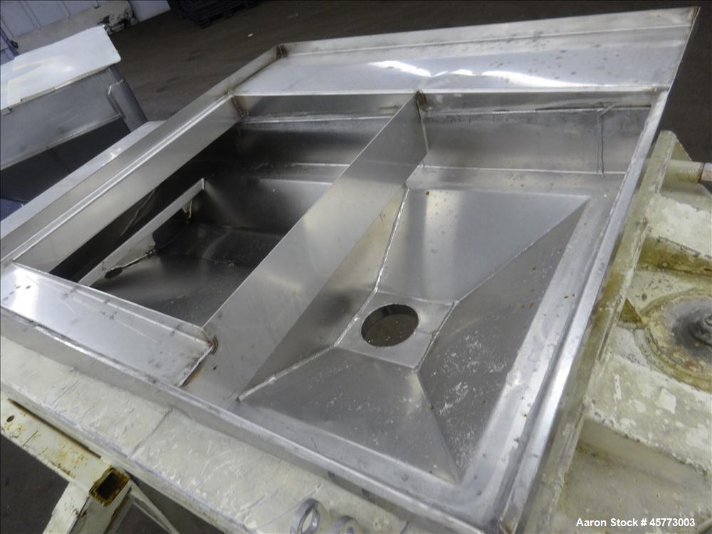 Used Rotex Screener, Model 111PS AL/SS. 316 Stainless Steel. Single deck, 2 separation. Approximate 21" x 36 screen section. Driven by a 1/2 hp, 230-460 volt, 1140 rpm motor. 4" x 2.5" side bottom ou...