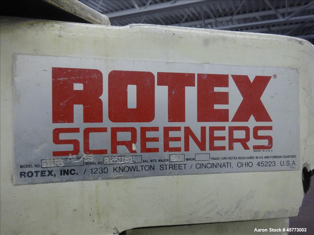 Used Rotex Screener, Model 111PS AL/SS. 316 Stainless Steel. Single deck, 2 separation. Approximate 21" x 36 screen section. Driven by a 1/2 hp, 230-460 volt, 1140 rpm motor. 4" x 2.5" side bottom ou...