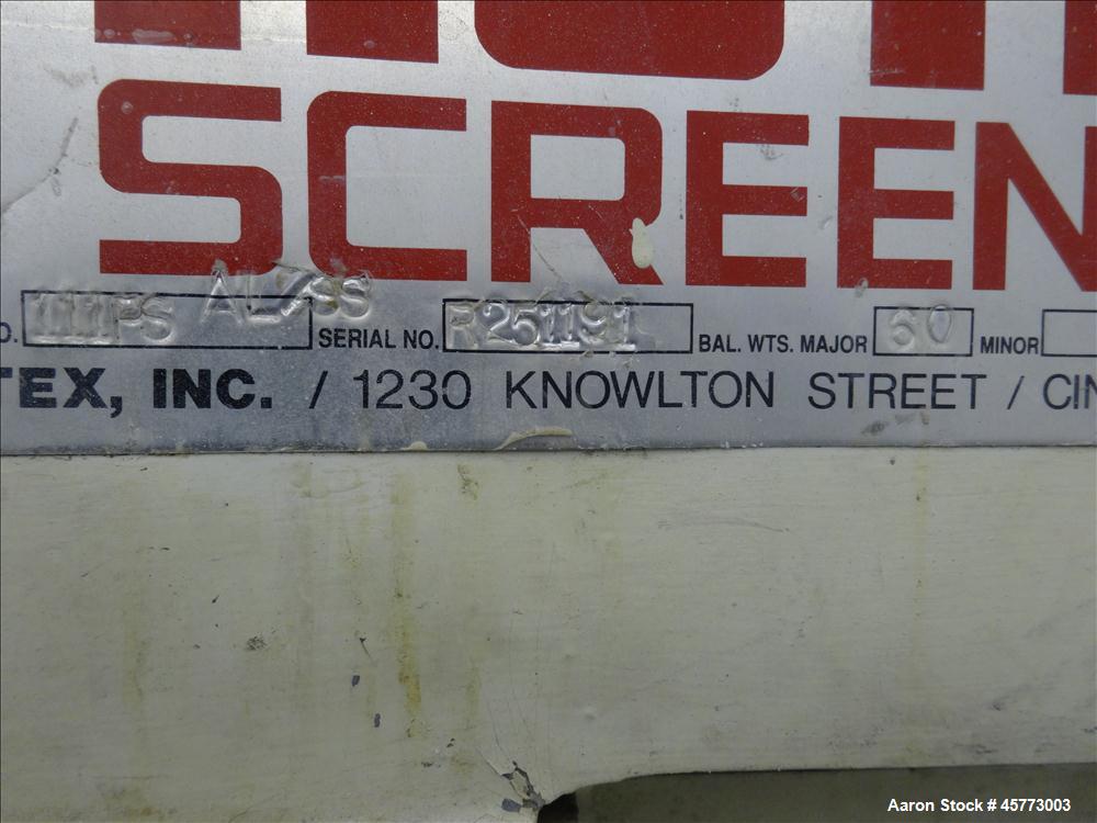 Used Rotex Screener, Model 111PS AL/SS. 316 Stainless Steel. Single deck, 2 separation. Approximate 21" x 36 screen section. Driven by a 1/2 hp, 230-460 volt, 1140 rpm motor. 4" x 2.5" side bottom ou...