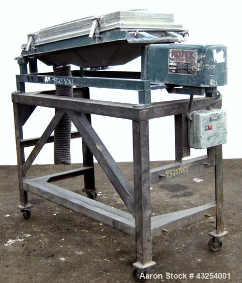 Used Rotex Screener, Model 11 PS AL/SS, 304 Stainless Steel. 20" Wide x 36" long, single deck, 2 separation. 1 Piece aluminum top cover. (2) 6" bottom outlets. Approximate 6.6 square feet screen area...