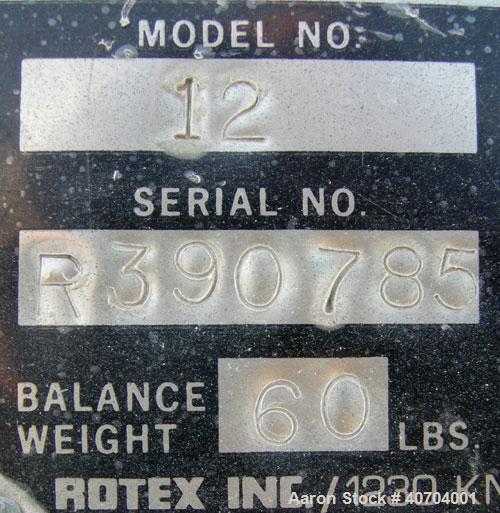 Used Rotex Screener, model 12, carbon steel. 20" wide x 37" long double deck, 3 separation. No top cover, 3 bottom outlets. 5.1 square feet screen area, 2" screen motion. Driven by a 1/2 hp, 3/60/208...