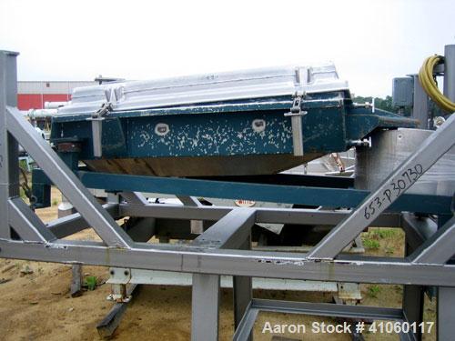 Used Rotex Screener, Model 12, Stainless Steel. 20" wide x 37" long double deck, 3 separation. Top cover, 3 bottom outlets. 5.1 square feet screen area, 2" screen motion. Driven by a 1/2 hp, 3/60/230...