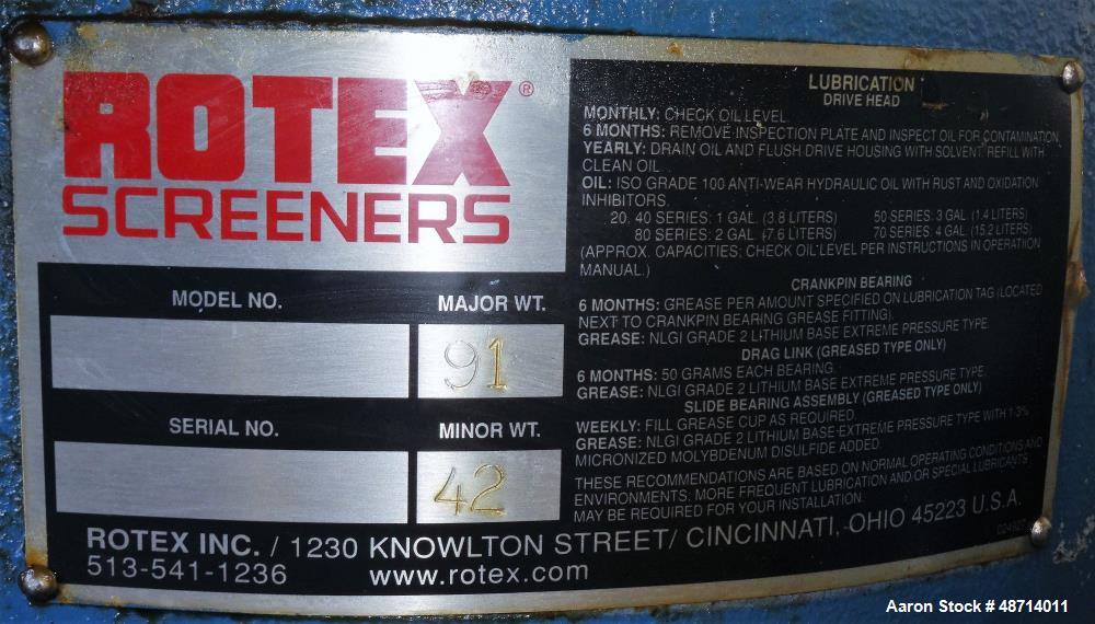 Used Rotex Screener, Model 201SANALSS, 304 Stainless Steel.