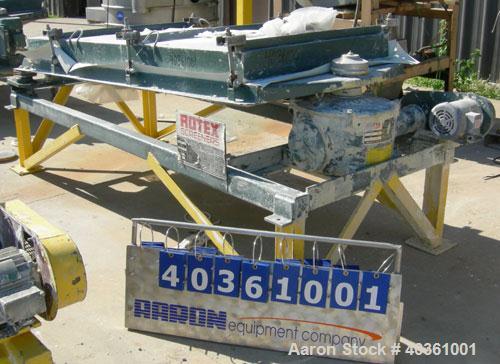Used: Rotex screener, model 21, carbon steel. 40" wide x 84" long single deck, 2 separation. Clamp down top cover, 2 bottom outlets. 23.3 square feet screen area. Driven by a 1 1/2 hp, 3/60/208-230/4...