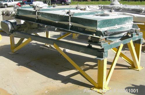 Used: Rotex screener, model 21, carbon steel. 40" wide x 84" long single deck, 2 separation. Clamp down top cover, 2 bottom outlets. 23.3 square feet screen area. Driven by a 1 1/2 hp, 3/60/208-230/4...