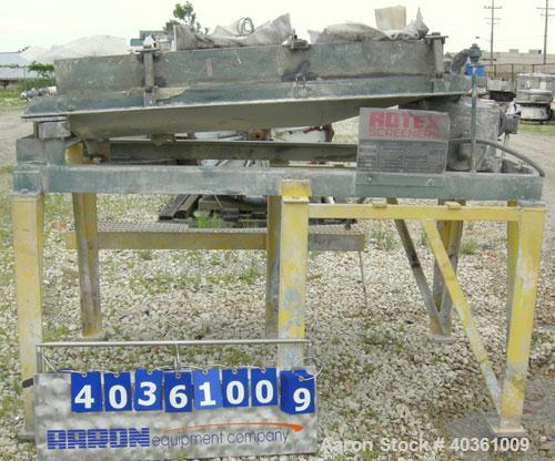 Used: Rotex screener, model 221, carbon steel. 40" wide x 56" long single deck, 2 separation. Clamp down top cover, 2 bottom outlets. 15.5 square feet screen area. Driven by a 2 hp, 3/60/208-230/460 ...
