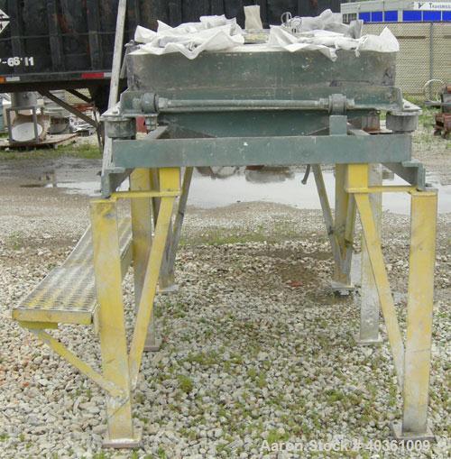Used: Rotex screener, model 221, carbon steel. 40" wide x 56" long single deck, 2 separation. Clamp down top cover, 2 bottom outlets. 15.5 square feet screen area. Driven by a 2 hp, 3/60/208-230/460 ...