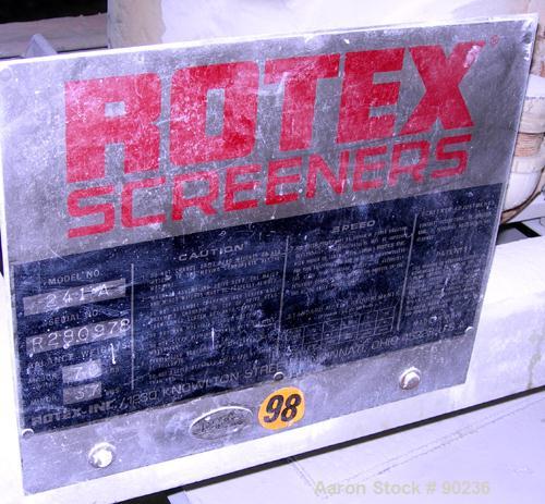 Used Rotex Screener, Model 241A, 304 Stainless Steel. 24" wide x 48" long single deck, 2 separation. Clamp down 304 stainless steel top cover, 2 bottom outlets. 8 square feet screen area. Driven by a...