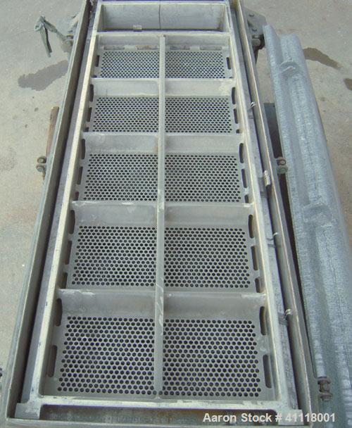 Used Rotex Screener, Model 242-SAN.AL.SS, 304 Stainless Steel, Aluminum Screens. 24 1/2" wide x 66 1/2" long double deck, 3 separation. Clamp down aluminum top cover, 9 1/2" inlet, (3) 6" end bottom ...