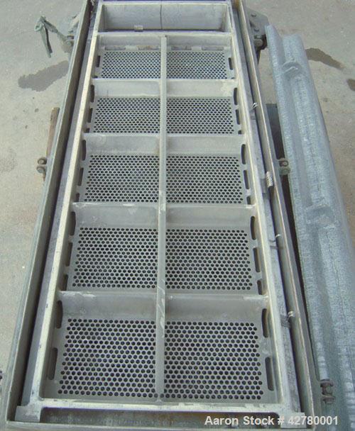 Used Rotex Screener, Model 242-SAN.AL.SS. 304 Stainless steel, aluminum screens. 24 1/2" wide x 66 1/2" long double deck, 3 separation. Clamp down aluminum top cover, 9 1/2" inlet. (3) 6" end bottom ...