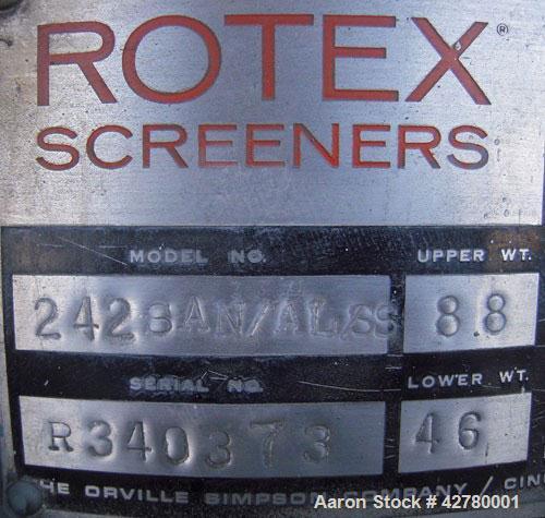 Used Rotex Screener, Model 242-SAN.AL.SS. 304 Stainless steel, aluminum screens. 24 1/2" wide x 66 1/2" long double deck, 3 separation. Clamp down aluminum top cover, 9 1/2" inlet. (3) 6" end bottom ...