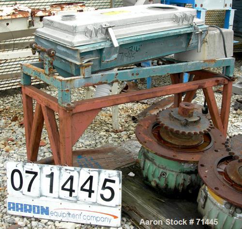 Used Rotex Screener, Stainless Steel. 20" wide x 48" long, 2 deck, 3 separation (requires screens). Clamp down aluminum top cover, (3) bottom outlets. Driven by a 1/2 HP, 3/60/208-230/460 Volt, 1140 ...