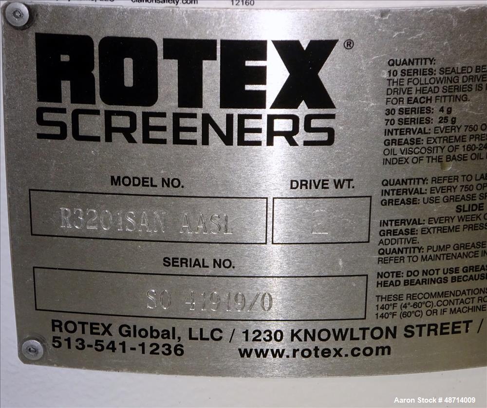 Used Rotex Screener, Model R3201SANAASL, 304 Stainless Steel.