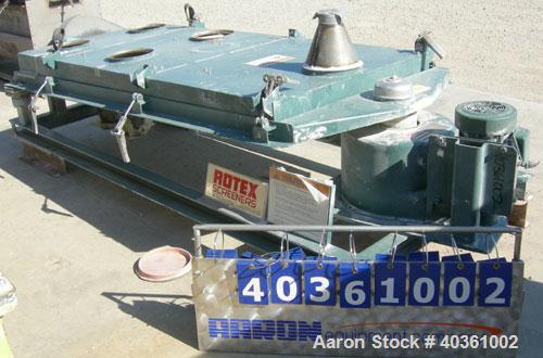 Used: Rotex screener, model 321, carbon steel. 40" wide x 84" long single deck, 2 separation. Clamp down top cover, 2 bottom outlets. 23.3 square feet screen area. Driven by a 2 hp, 3/60/230/460 volt...
