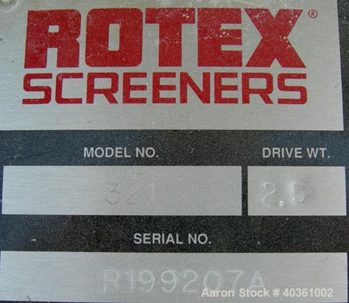 Used: Rotex screener, model 321, carbon steel. 40" wide x 84" long single deck, 2 separation. Clamp down top cover, 2 bottom outlets. 23.3 square feet screen area. Driven by a 2 hp, 3/60/230/460 volt...