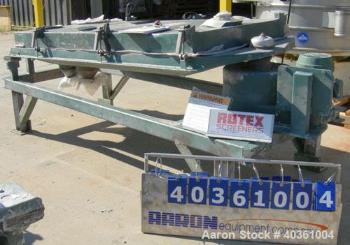Used: Rotex screener, model 321, carbon steel. 40" wide x 84" long single deck, 2 separation. Clamp down top cover, 2 bottom outlets. 23.3 square feet screen area. Driven by a 2 hp, 3/60/230/460 volt...