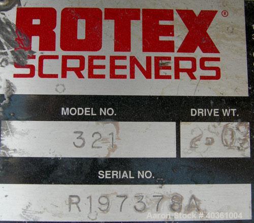 Used: Rotex screener, model 321, carbon steel. 40" wide x 84" long single deck, 2 separation. Clamp down top cover, 2 bottom outlets. 23.3 square feet screen area. Driven by a 2 hp, 3/60/230/460 volt...