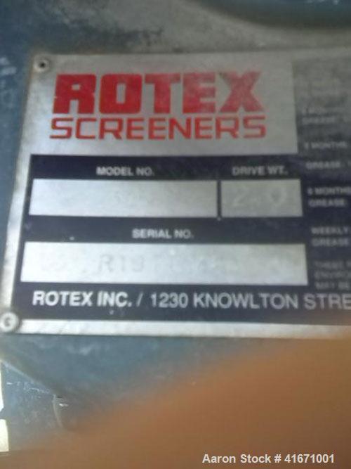 Used Rotex Screener, Model 321, Carbon Steel. 40" wide x 84" long single deck, 2 separation. Clamp down top cover, two bottom outlets. 23.3 square feet screen area. Driven by a 2 hp, 3/60/230/460 vol...