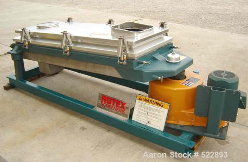 USED: 24" x 48" Rotex screener, model 3242A-AAsl. 2 hp, 230/460 volt,184T frame. Reliance electric Duty Master motor with V-belt drive.Unit has aluminum cover and screen frame with stainless steel pa...