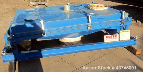 Used Rotex Screener, Model 3421GC MWMM, Carbon Steel. Approximately 60" wide x 84" long single deck, 2 separation.  Nominal area per screen surface 35 square feet. 2-1/2" stroke screen motion. (2) Bo...